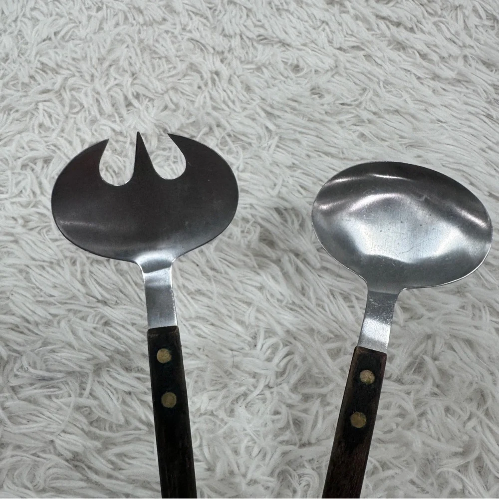 Vintage MCM 11” Wood Handle Salad Serving Set FORK SPOON Stainless Steel JAPAN